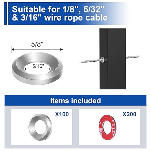 BLIKA 100Pack Cable Railing Adhesive Sleeves for 1/8" 5/32" 3/16" Wire Rope Cable, T316 Stainless Steel, 2.8mm Thickness Cable Railing Protector Adhesive Sleeves for Deck Stair Cable Railing Post Kits