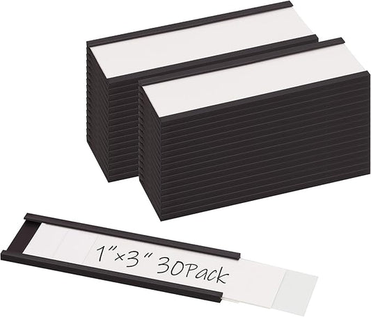 Realth C Channel Magnetic Label Holders 30 Pack 1'' x 3'' with Paper Inserts and Clear Plastic Protectors, Magnetic Data Card Holders File Cabinet Labels for Metal Racks and Shelves