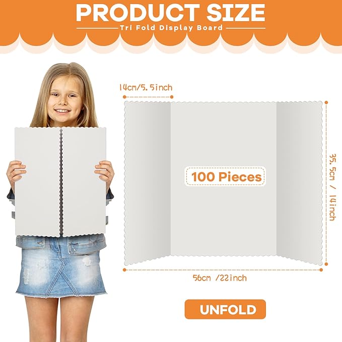 Ctosree 100 Pcs 14 * 22 Inch Tri Fold Poster Board Bulk, Science Fair Project Display Paperboard, Single Wall, Lightweight Presentation Board (White)