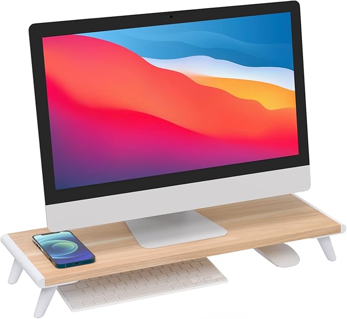 loukin Monitor Stand Riser for Desk, 22.4" x 8.3" Larger Computer Stand for Laptop, PC, Printer, Sturdy Desktop Computer Shelf with Non-Skid Rubber, Home Office, Natural Wood