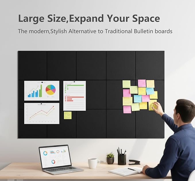 G Gamit Large Felt Wall Tiles Bulletin Board,Large Cork Board Alternative with 30 Pushpins,8-Pack Felt Pin Board with 56 Safe Removable Adhesive Tabs for Home Office School (Black)