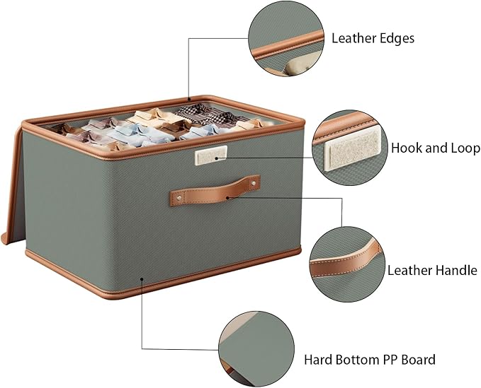 Tuza 2 Pack Storage Bins with Lids, Collapsible Closet Organizer Container, Fabric Organizer Box with Handles, Decorative Storage Boxes with Lids for Organizing Clothes, Blanket, Grey, Large