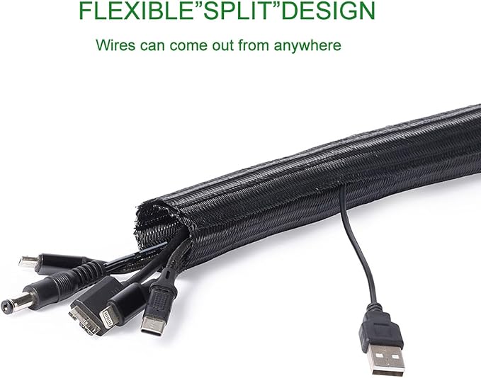 QCSIW 25ft – 1" Split Braided Cable Sleeve – Self-Wrapping Wire Loom Cord Protector for Power Cords, PC, TV, Automotive, and Audio Cable Management – Flexible Cable Organizer – Black
