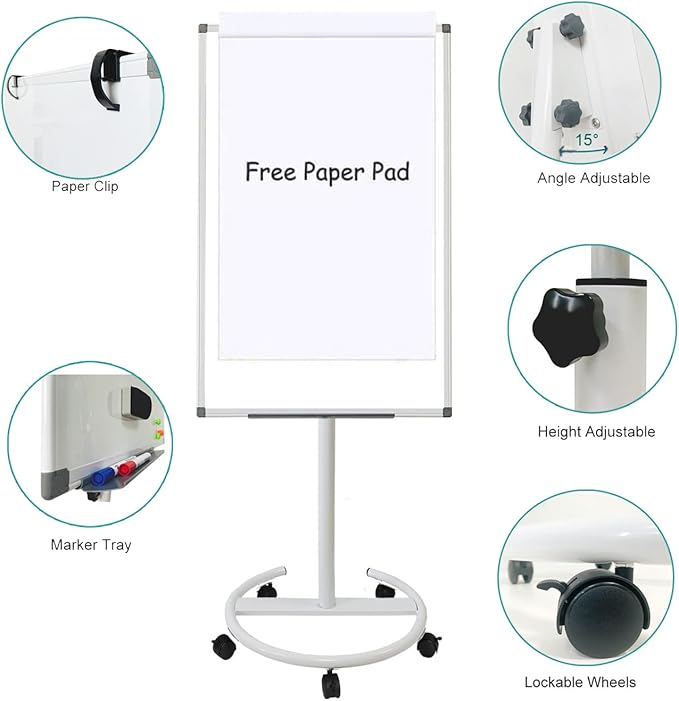 BIBOC Mobile Dry Erase Board – 36x24 inches Magnetic Portable Whiteboard Stand Adjustable Easel White Board Flipchart Easel Board with 25 Sheets Paper Pad 1 Eraser, 2Markers (24x 36 inches)