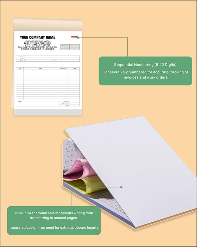 Custom Carbonless Invoice Book with Logo, Personalized Cover & Inner Pages, 2 Part NCR Receipt & Work Order Forms, Easy Tear, Writing Shield for Small Business (2-Part [White/Yellow], 11.8x8.3INCH)