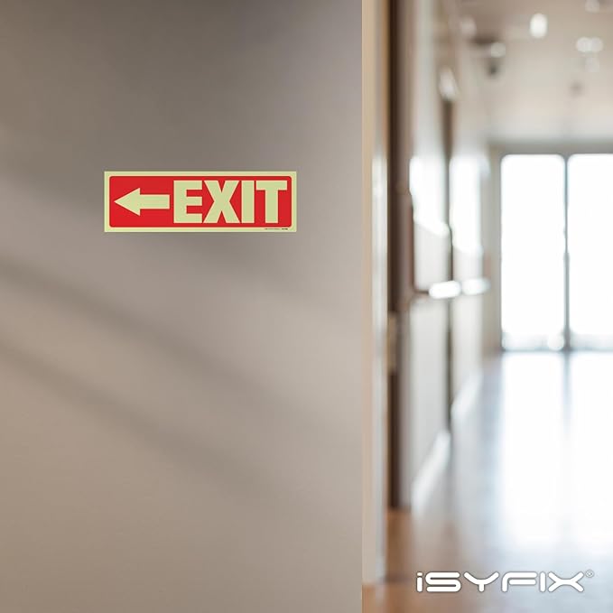 iSYFIX Exit Stickers Signs with Directional Left Arrow 6 Pack 12x4 Inch - Glow in the Dark Photoluminescent Vinyl for Office, School, Business, Warehouse - UV & Weather Resistant for Indoor/Outdoor Use