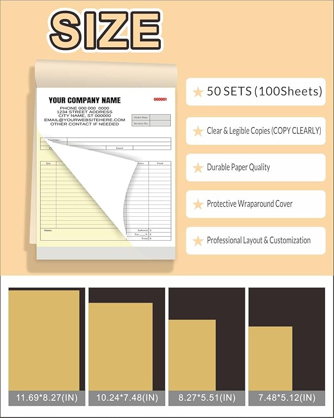 Custom Carbonless Invoice Book with Logo, Personalized Cover & Inner Pages, 2 Part NCR Receipt & Work Order Forms, Easy Tear, Writing Shield for Small Business (Upload Your Design, 11.8x8.3INCH)