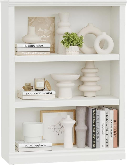blini 3-Shelf Bookcase White Wooden Bookshelves 33in Wide Floor Standing Display Storage Book Shelves Tall Bookcase for Home Office, Living Room, Bedroom