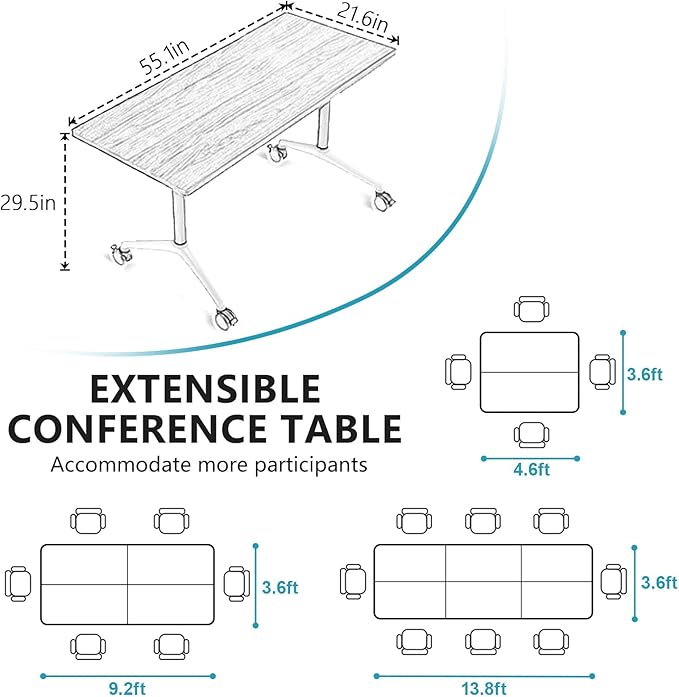Goakwwuz Conference Room Table, Folding Conference Tables,Thicken Grey Tabletop,Flip Top Wooden Seminar Meeting Room Table for Conference Room Offices (6, Black+White, 55.1”)