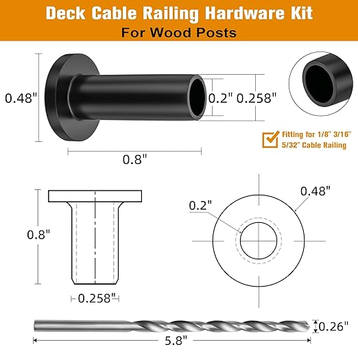 CELYND Cable Railing Protector Sleeves - 100 Pack T316 Stainless Steel Protective Sleeves - 1/8" 3/16" 5/32" Black Deck Cable Railing Hardware Kit for Wood Posts