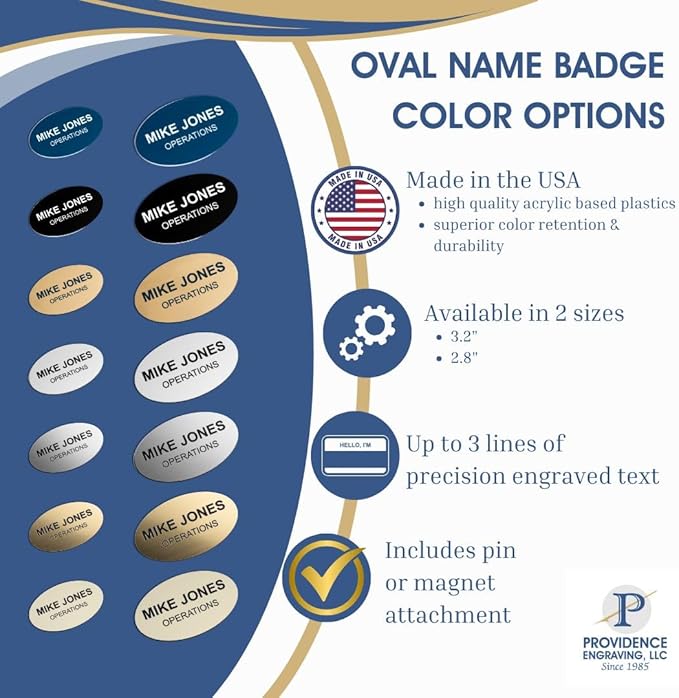 Custom Engraved Name Tag Badges – Personalized Identification with Pin or Magnetic Backing, 3.2 Inch Oval, Radiant Silver/Black