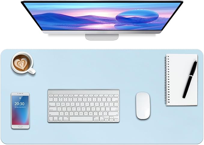 Boutilon Leather Desk Pad Protector,Non-Slip Mouse Pad,Laptop Desk Pad,Office Mouse Mat,Waterproof Leather Desk Blotter,Desk Writing Pad for Office and Home (XXL-Light Blue,47.2"x 17")