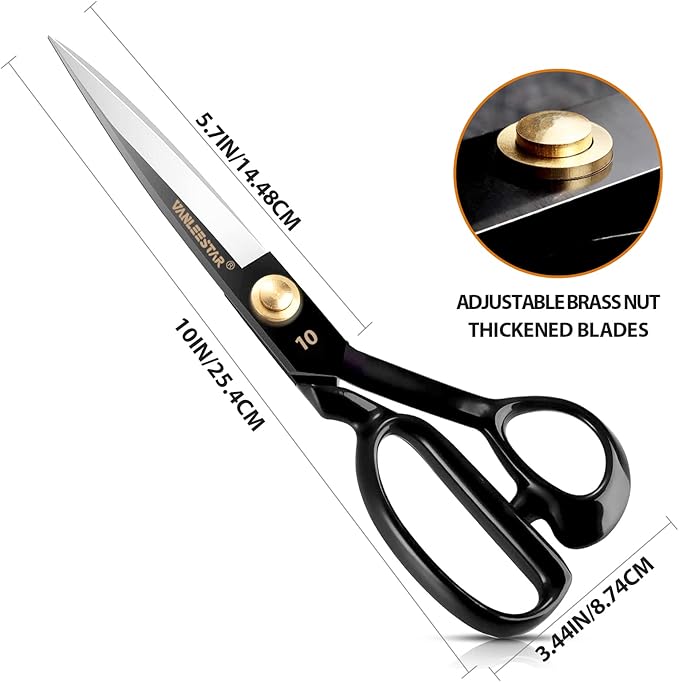 Fabric Scissors - 10 Inch (25.4 cm) High Carbon Steel Sharp Scissors for Cutting Cloth, Clothing, Leather, Raw Materials (Right Hand, Black)