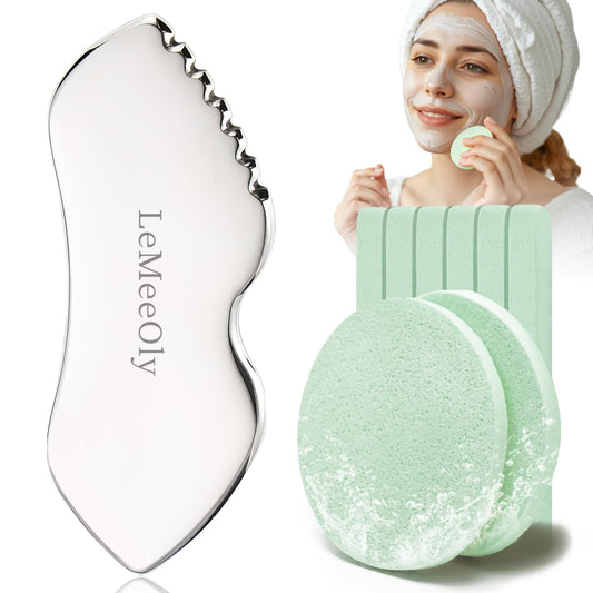 Gua Sha Facial Tools Stainless Steel & Compressed Facial Sponges, Detail Metal GuaSha and Natural Spa Sponges for Facial Cleansing Skin Care，Guasha Stone Face Sculpting Tool for Tighten Skin Daliy Use