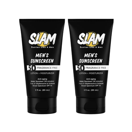 SLAM Men's Sunscreen Lotion SPF 50 & Moisturizer – Face & Body Sunblock, Anti-Aging, Water-Resistant, Hawaii Act 104 Safe, Skincare for Men, Unscented – 3 fl oz.each. Double pack.