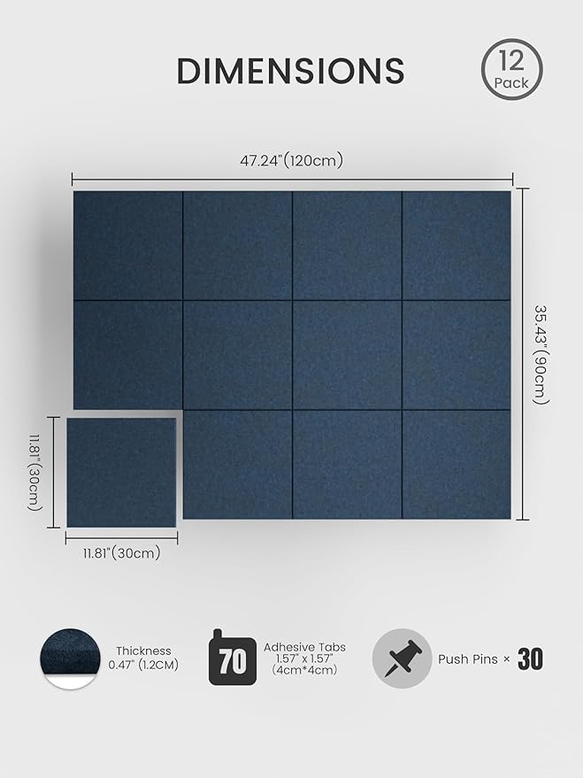 Bumusty Large Cork Board 47"x35" Alternative - 12 Pack Felt Wall Tiles with 70 Safe Removable Adhesive Tabs, 30 Pushpins, Cork Boards for Walls Pin Board Bulletin Board Office Decor -Navy