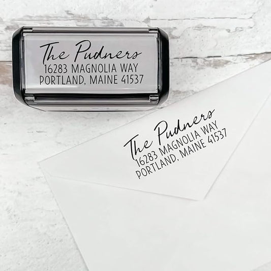 Self Inking Modern Address Stamps | Custom Return Address Stamper (Relaxed Script, Xtra Large)