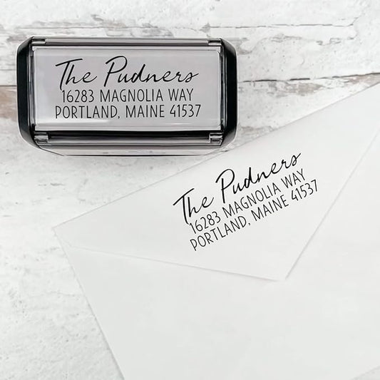 Self Inking Modern Address Stamps | Custom Return Address Stamper (Relaxed Script, Xtra Wide)