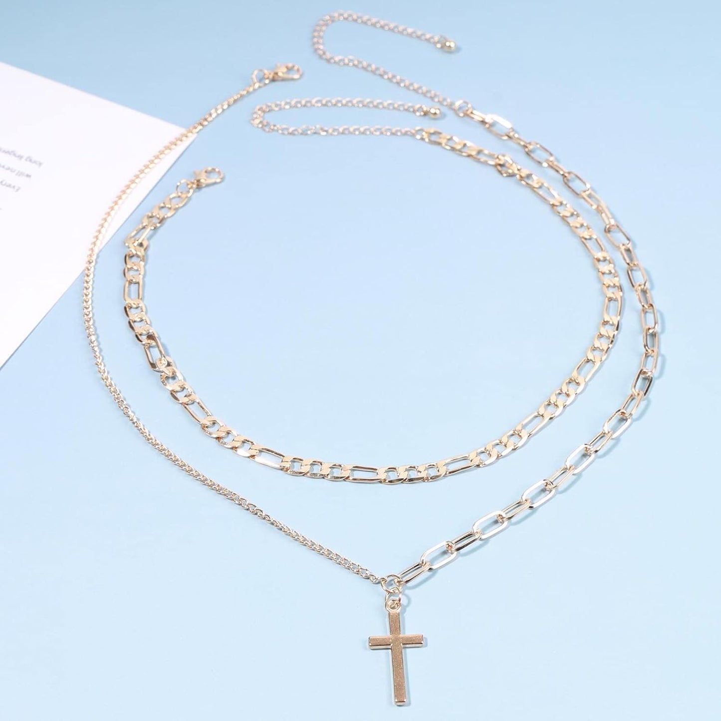 Vintage Layered Cross Necklace Choker Gold Cross Pendant Necklace Figaro Chain Necklace Layering Chunky Chain Choker Necklace Religious Jewelry for Women and Girls