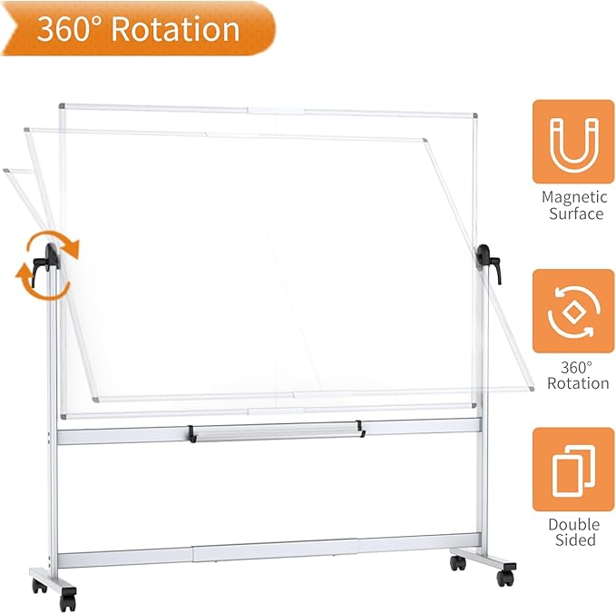 VIZ-PRO Double-Sided Mobile Whiteboard, 72 x 40 Inches, Magnetic Rolling Dry Erase White Board on Wheels with Aluminium Frame and Stand