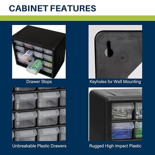 Akro-Mils 16-Drawer Plastic Storage Cabinet | 10-1/2 x 6-1/2 x 8-1/2 Inch | Black | Model 10116 | Garage Organization