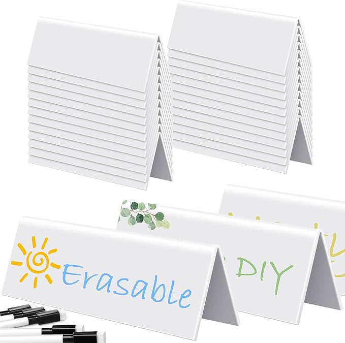 Fainne 100 Sets Dry Erase Name Tent Cards with Black Markers 8.7 x 2.8 x 1.9 Inches White Reusable Name Plate Wipe Clean Desk Tags Sign for Classroom Table Office Conference Meeting Weddings