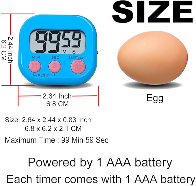 Digital Kitchen Timer, BESTWYA Electronic Timer with Clear LCD Screen Count Up and Down Function 3 Big Buttons On/Off Switch Button (2, Blue and Green)