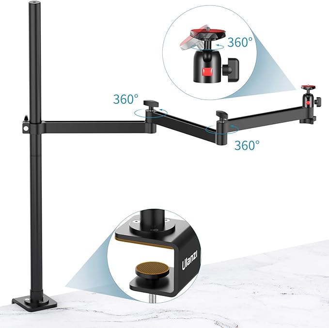 ULANZI Camera Desk Mount Stand with Flexible Arm, Overhead Mount, Articulated Arm with 360° Rotatable Ball Head, Aluminum Desk Mounting Stand for Ring Light/DSLR Camera/Webcam/Panel Light