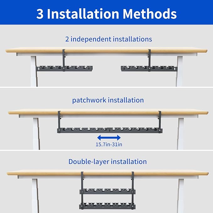 SRJZMLY 31Inch Extendable Under Desk Cable Management Tray Multi-Model Metal Cable Management Tray Under Desk Cord Management with Clamp Power Strip Cord Holder for Wire Cable Management, Black