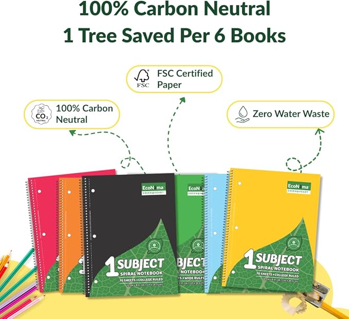 ECONAMA Subject Book Spiral Notebook Pack of 24 Wide Ruled 140 Pages (70 Sheets) 8" × 10.5" Perforated Carbon Neutral 3-Hole Punched Eco-Friendly School & Office Supply Assorted Colors