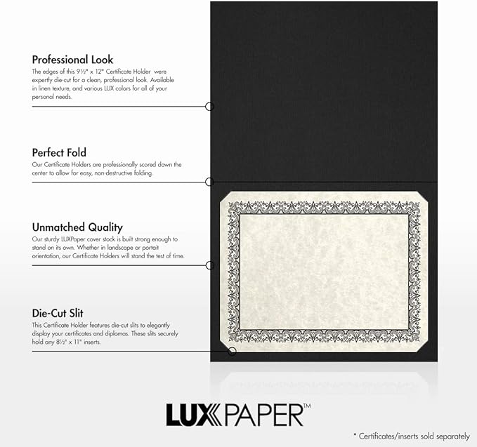 LUXPaper 9.5" x 12" Certificate Holders | Black Linen | 100lb. Cover | 50 Qty