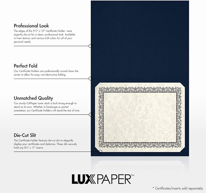 LUXPaper 9.5" x 12" Certificate Holders | Nautical Blue Linen | Embossed Gold Foil Border | 100lb. Cover | 25 Qty