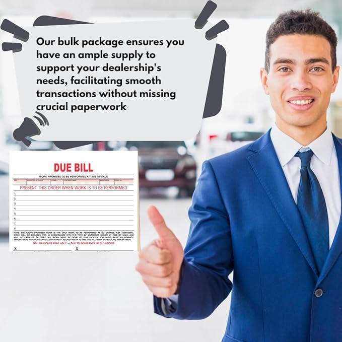 Vehicle Due Bill Form - 3-Part Carbonless Snap-Out 8.5 x 7.75 Car Dealership Service Agreement Forms, Auto Repair Vehicle Documentation Forms NCR - White, Canary, Pink - Pack of 400