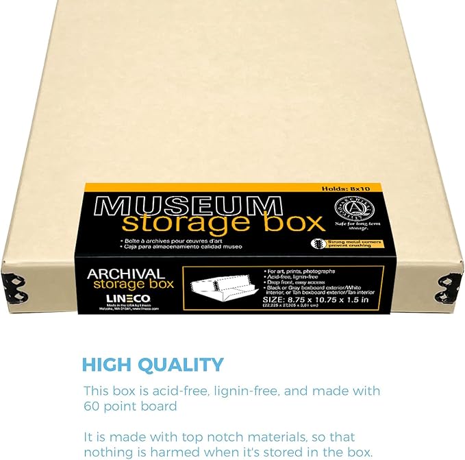 Lineco Museum Storage Box Tan, 8"x10"x1.5", Archival Boxboard, Drop-Front Design with Metal Edge. Organize, Store and Preserve Photographs, Prints, Documents, Art, Ephemera, Family Records