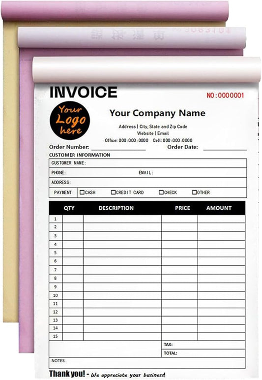 Custom Invoice Book in 3-Part /2-Part Receipt Book with Carbon Copies Personalized Carbonless Service Invoice Form Books Sales Order Book with Company Name Logo Address,E-Invoice Book with Logo