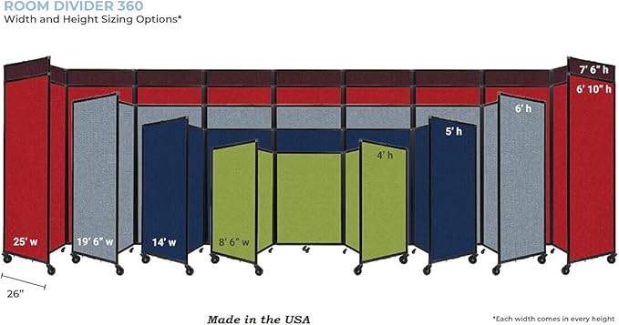 Versare Room Divider 360 Portable Wall Partition | Folding Panels | Large Freestanding Divider | Locking Wheels | Temporary Room Separator | 14' x 7'6'', Navy Blue