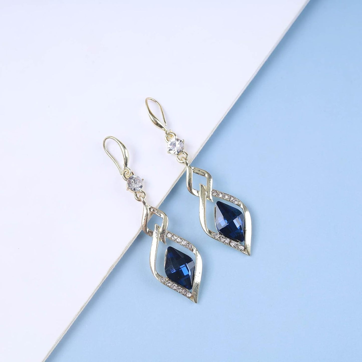Vintage Sapphire Drop Earrings Blue Crystal Hook Earrings Gold Swirl Square Dangle Earrings Blue Sapphire Earrings Jewelry for Women
