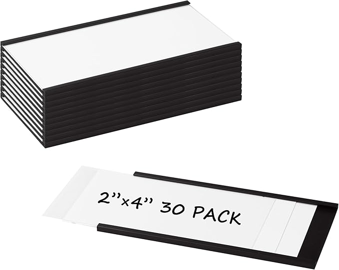 Realth C Channel Magnetic Label Holders 30 Pack 2'' x 4'' with Paper Inserts and Clear Plastic Protectors, Magnetic Data Card Holders File Cabinet Labels for Metal Racks and Shelves