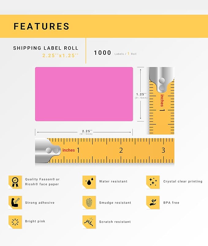HOUSELABELS 2.25" x 1.25" Pink Address Labels on 1" Core Compatible with Zebra and Rollo Printers, 10 Rolls / 1,000 Labels per Roll