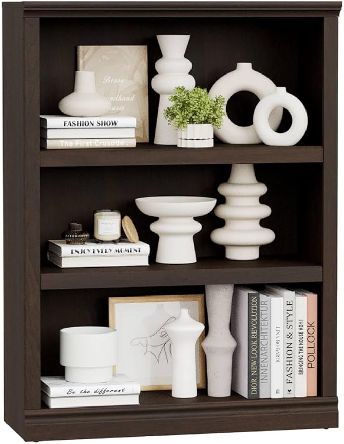 blini 3-Shelf Bookcase Wooden Bookshelves Dark Cherry 33in Wide Floor Standing Display Storage Shelves Tall Bookcase for Home Office, Living Room, Bed Room