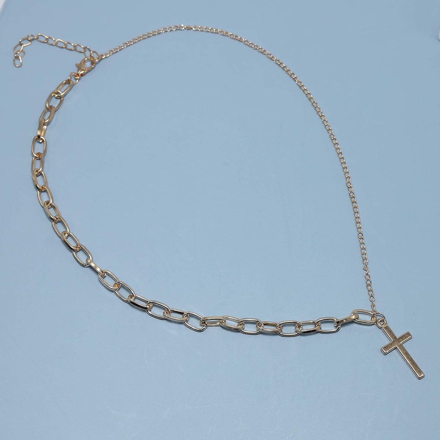 Simple Cross Necklace Asymmetric Chain Cross Pendant Necklace Paperclip Chain Fashion Jewelry for Women and Girls