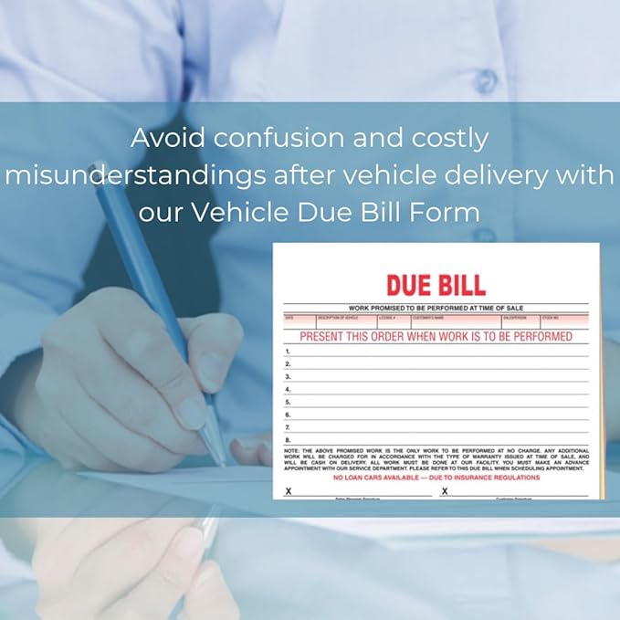 Vehicle Due Bill Form - 3-Part Carbonless Snap-Out 8.5 x 7.75 Car Dealership Service Agreement Forms, Auto Repair Vehicle Documentation Forms NCR - White, Canary, Pink - Pack of 200