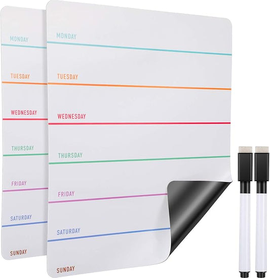 Outus 2 Pieces Magnetic Weekly Dry Erase Boards Erasable Weekly Calendars Whiteboard Planners with 2 Pieces Markers for Office, Home, School Supplies (Color 1, 9.4 x 7.5 Inch)