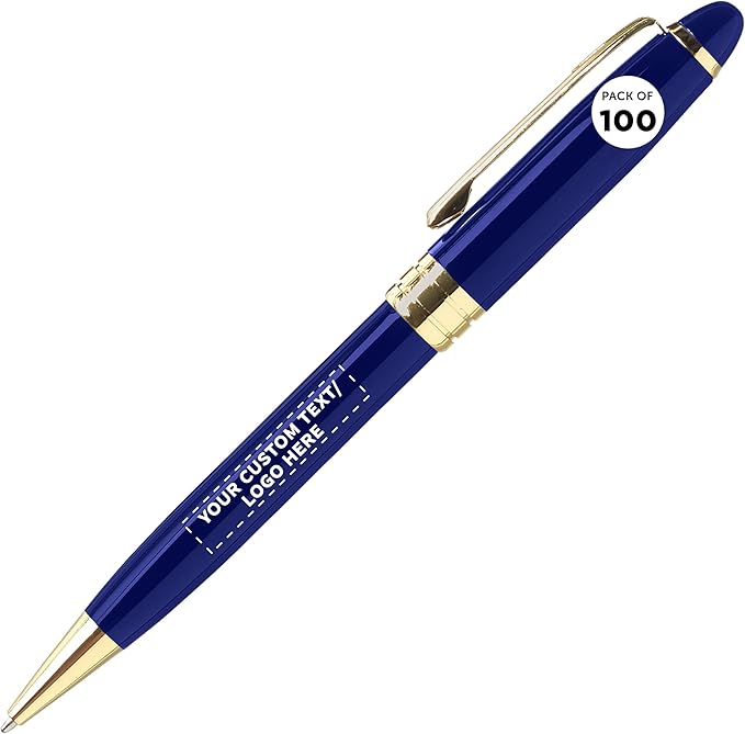DISCOUNT PROMOS 100 Ultra Executive Pens Pack - Customizable Text, Logo - Twist To Write, Gold Accent - Blue