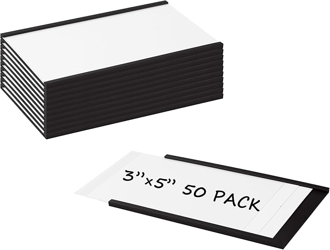 Realth C Channel Magnetic Label Holders 50 Pack 3'' x 5'' with Paper Inserts and Clear Plastic Protectors, Magnetic Data Card Holders File Cabinet Labels for Metal Racks and Shelves