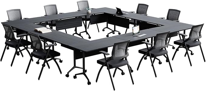 Goakwwuz Conference Room Table, Folding Conference Tables,Thicken Grey Tabletop,Flip Top Wooden Seminar Meeting Room Table for Conference Room Offices (10, BlackWoodGrain, 55.1”)
