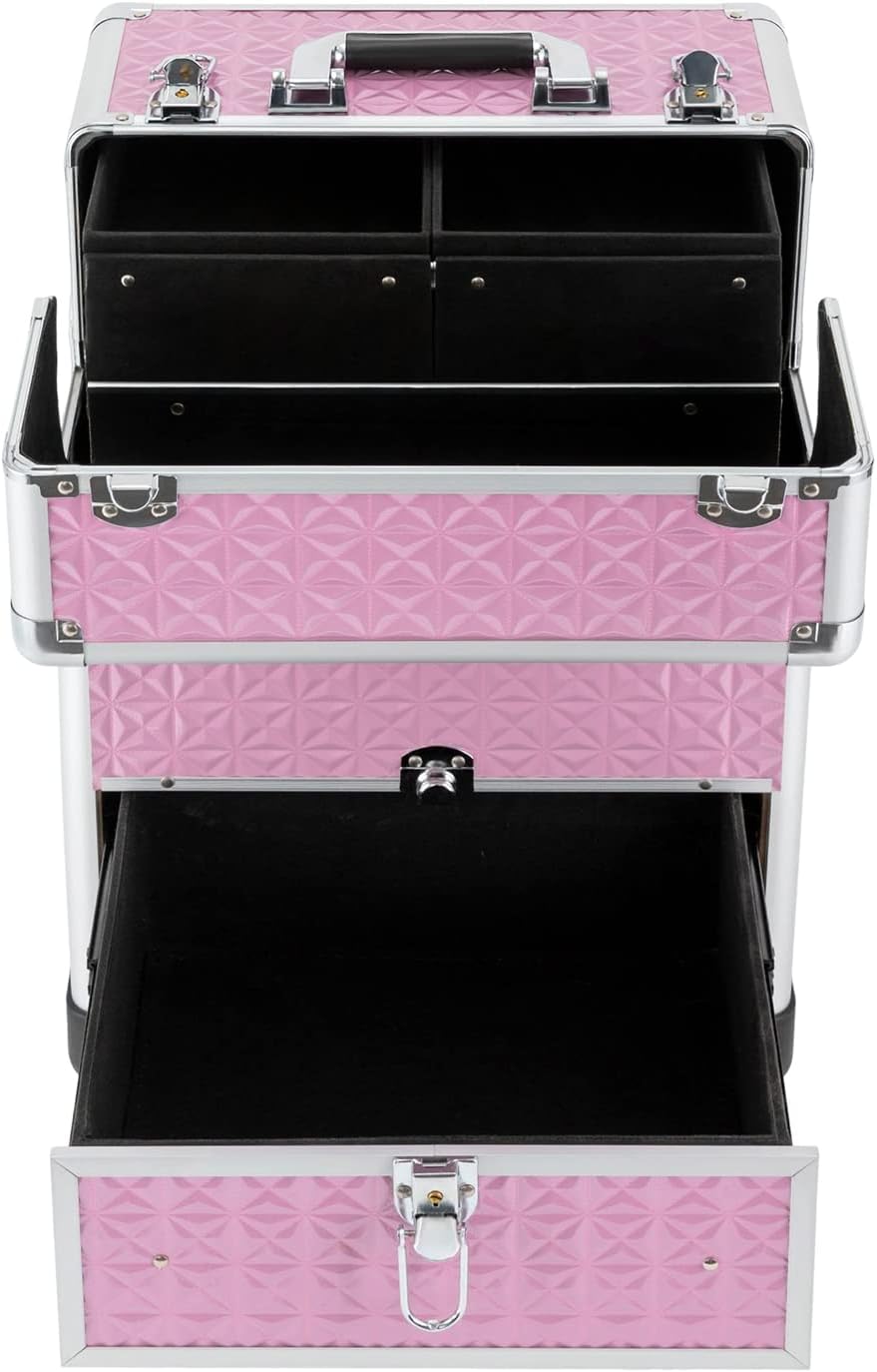 Rolling Makeup Train Case Professional Cosmetic Organizer Large Capacity Trolley Makeup Travel Case with 360° Swivel Wheels for Makeup Artist (Pink)