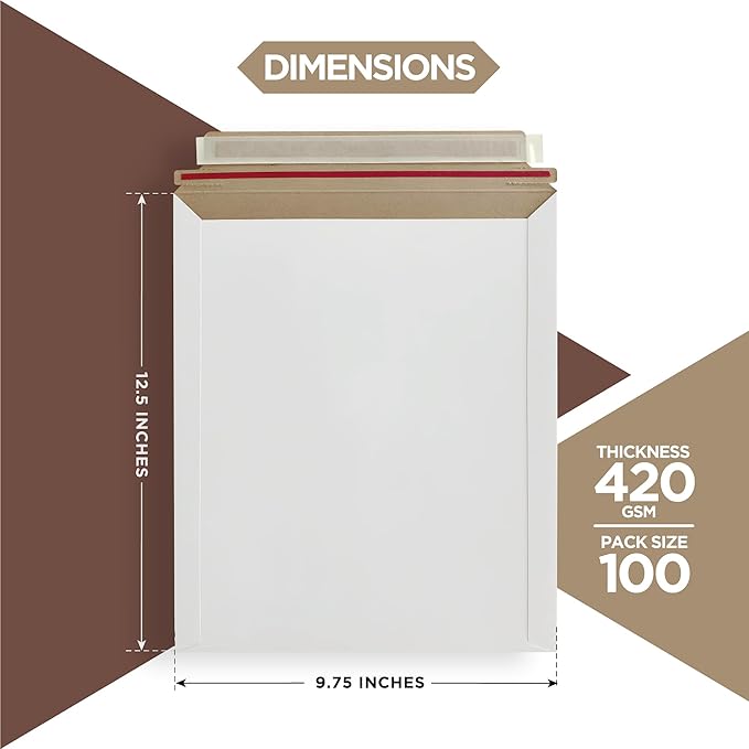 100 Pack 9.75x12.5 Inches Rigid Mailers – Self Adhesive White Stay Flat Mailers – Used as Mailing Supplies for Mailing Documents, Photos, CDs, Magazines and Literature