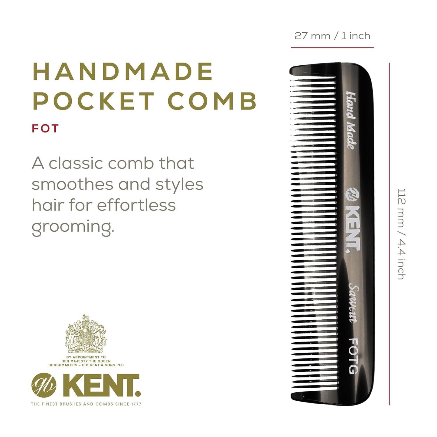 Kent A FOT Handmade Pocket Comb for Men, Women and Kids, All Fine Tooth Hair Comb Straightener for Everyday Grooming and Styling Hair, Beard and Mustache, Saw Cut and Hand Polished, Made in England