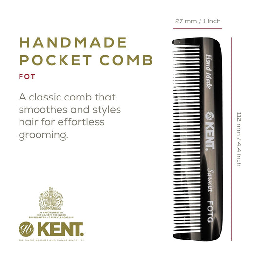 Kent FOT Black Graphite Fine Tooth Comb for Men - Handmade Pocket Comb for Travel, Styling, Fine or Thinning Hair, Mustache and Beard Care Handpolished Saw-Cut Made in England